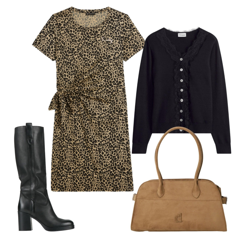 Outfit donna - Sabato rilassato. Stile Casual per Tutti i giorni. Abbinamento con stivali, cardigans, vestiti midi/longuette, borse a spalla.