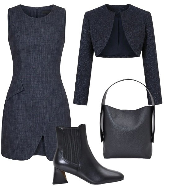 Outfit donna - Total look #2474975. Stile Casual chic per Ufficio. Abbinamento con vestiti corti, bolero, borse a spalla, stivaletti.