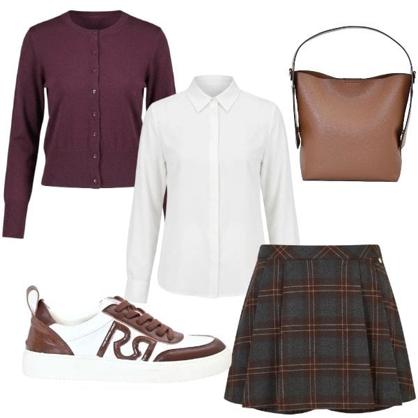 Outfit donna - College. Stile Preppy per Tutti i giorni. Abbinamento con minigonne, cardigans, borse a mano, sneakers, camicie.