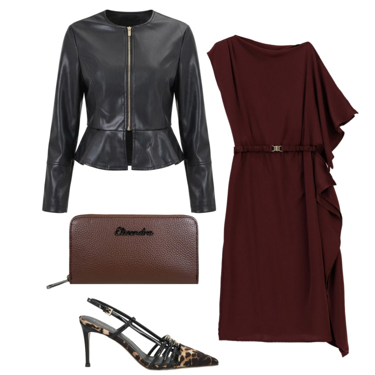 Outfit donna - Invitata speciale. Stile Chic per Serata fuori. Abbinamento con décolleté, vestiti asimmetrici, giacche, portafogli.