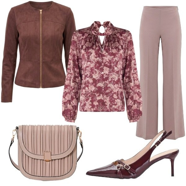 Outfit donna - Bordeaux e rosa cipria. Stile Chic per Ufficio. Abbinamento con bluse, pantaloni a palazzo, blazer, décolleté, borse a tracolla.