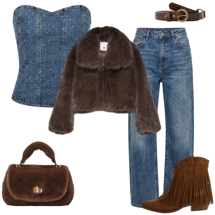 Outfit donna - Jeans and fur. Stile Glamour per Serata fuori. Abbinamento con blazer, stivaletti texani, cinture, borse a mano, jeans, top.