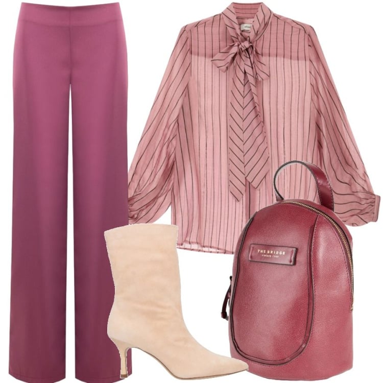 Outfit donna - Sfumature di rosa. Stile Sporty chic per Ufficio. Abbinamento con stivaletti, zaini, camicie, pantaloni a palazzo.