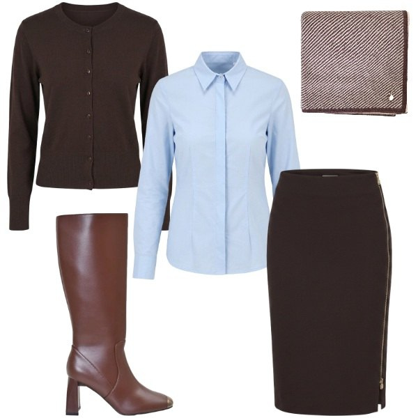 Outfit donna - Chocolate. Stile Bon Ton per Ufficio. Abbinamento con gonne longuette, cardigans, camicie, stivali sopra il ginocchio, sciarpe.