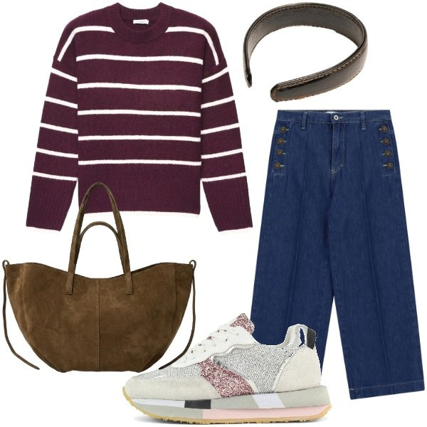 Outfit donna - Preppy. Stile Preppy per Scuola/Università. Abbinamento con pullovers, jeans, borse tote, cerchietti, sneakers.