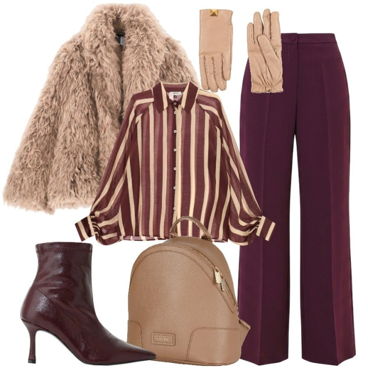 Outfit donna - Quando fa freddo. Stile Chic per Ufficio. Abbinamento con zaini, guanti, stivaletti, blazer, camicie, pantaloni a palazzo.