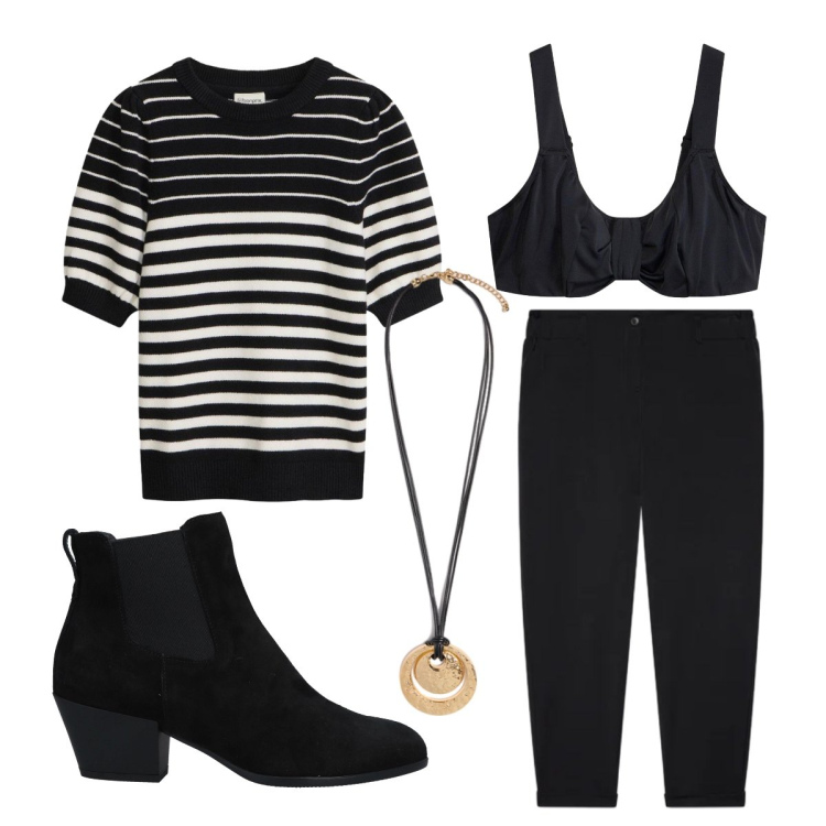 Outfit donna - Settembre. Stile Casual per Tutti i giorni. Abbinamento con stivaletti chelsea, reggiseni, maglieria, ciondoli, pantaloni.