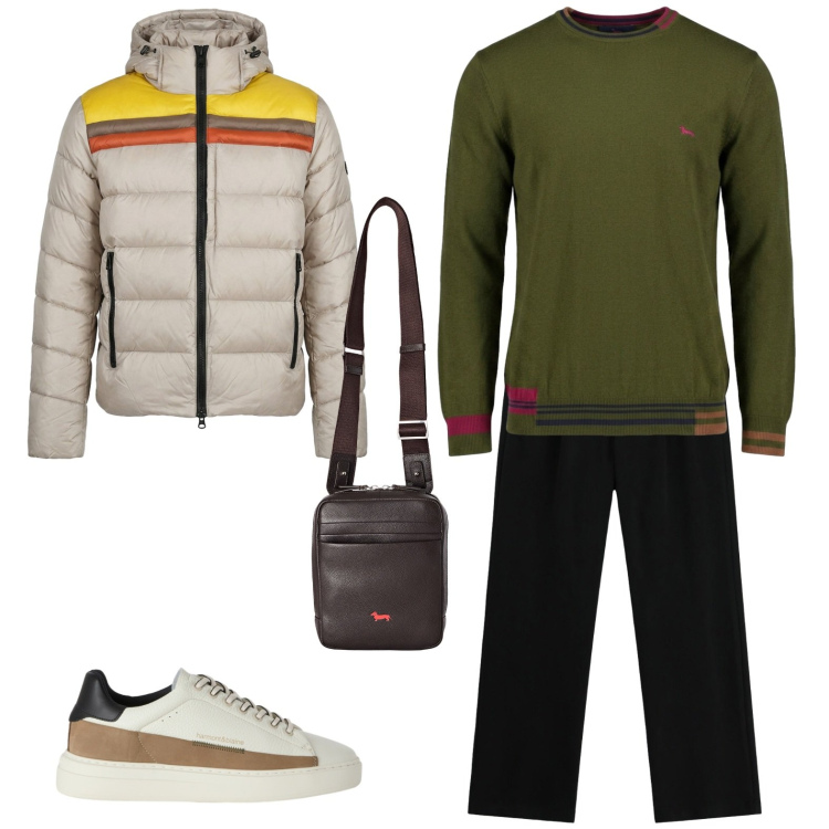 Outfit uomo - Layering urbano. Stile Casual per Tutti i giorni. Abbinamento con sneakers, borse sportive, maglieria, pantaloni, piumini.
