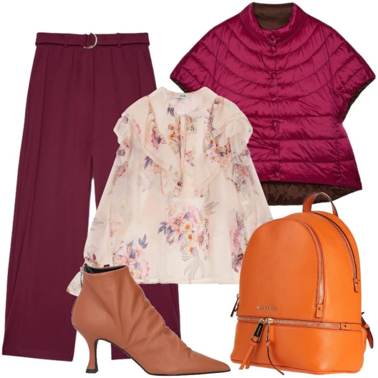 Outfit donna - Chic e colorata. Stile Sporty chic per Ufficio. Abbinamento con stivaletti, zaini, bluse, pantaloni a palazzo, piumini.