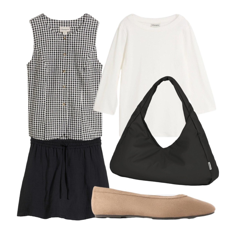 Outfit donna - Settembre. Stile Preppy per Cerimonia. Abbinamento con gonne, ballerine, gilet, t-shirt, borse a spalla.