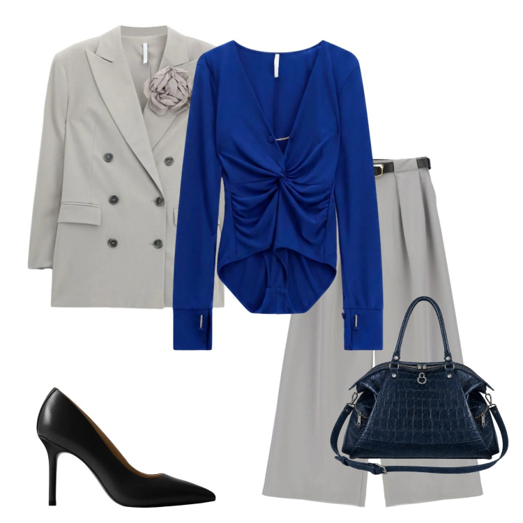 Outfit donna - 80s business woman. Stile Mannish per Ufficio. Abbinamento con body, blazer, pantaloni a palazzo, shopping bag, décolleté.