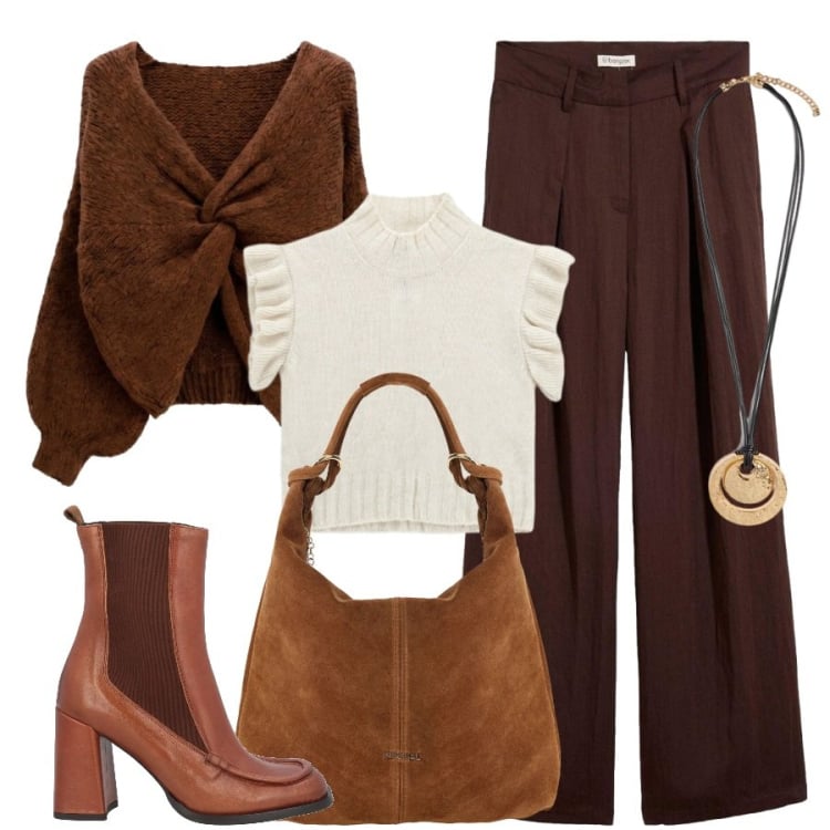Outfit donna - Color cioccolato. Stile Trendy per Tutti i giorni. Abbinamento con stivaletti chelsea, pantaloni, borse a spalla, maglieria, maglieria, ciondoli.