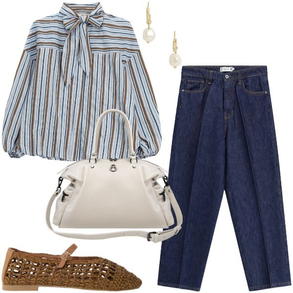 Outfit donna - Jeans strutturati. Stile Mannish per Ufficio. Abbinamento con jeans, bluse, ballerine, shopping bag, orecchini.