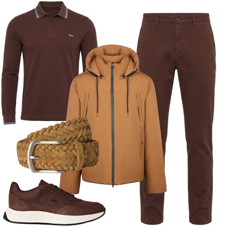 Outfit uomo - Sfumature di marrone. Stile Casual per Tutti i giorni. Abbinamento con cinture, sneakers, pantaloni, polo, bomber.