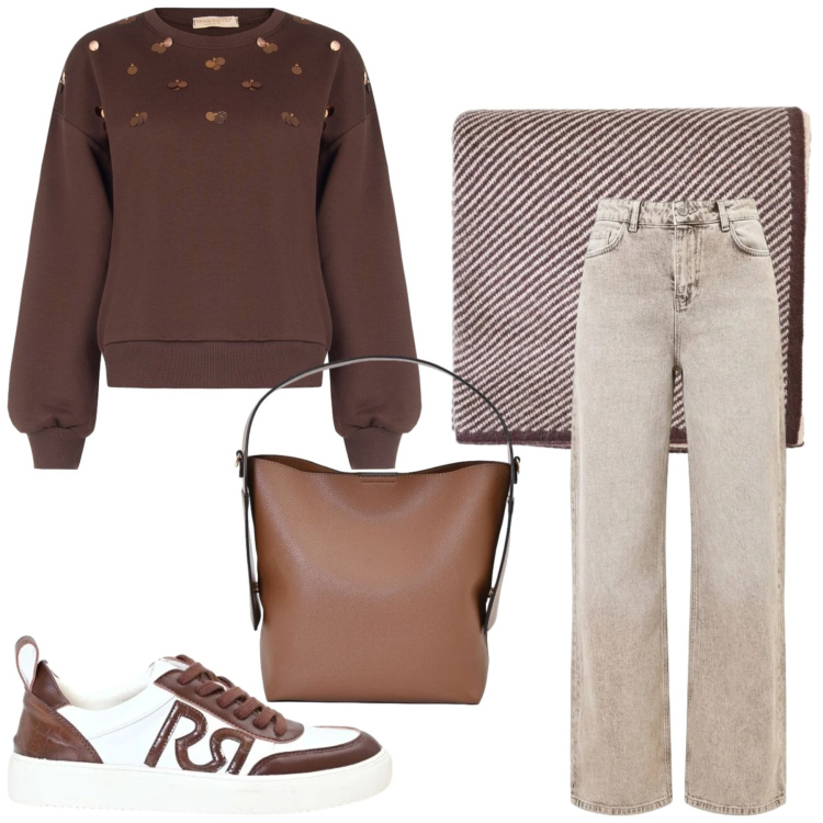 Outfit donna - Total look #2475016. Stile Casual per Tutti i giorni. Abbinamento con jeans dritti, borse a mano, sneakers, felpe, sciarpe.