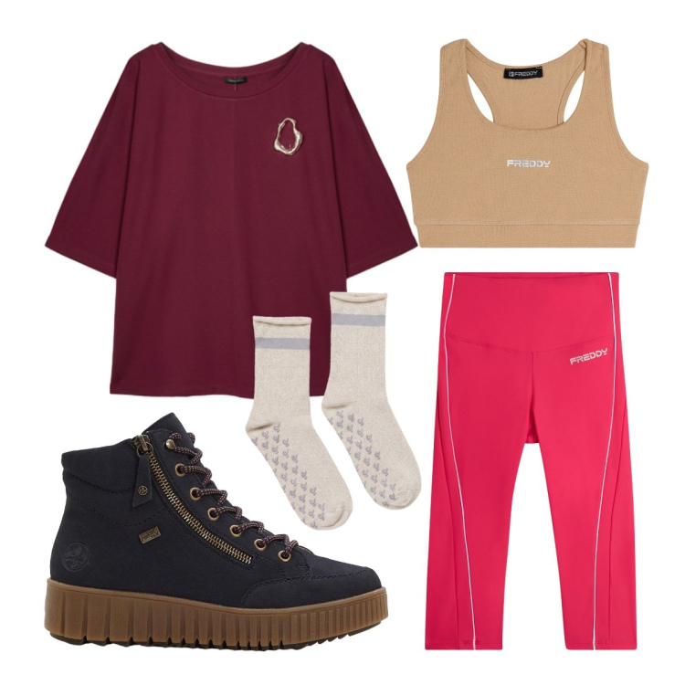 Outfit donna - Settembre. Stile Basic per Sport. Abbinamento con sneakers alte, top sportivi, leggings, calzini, felpe.
