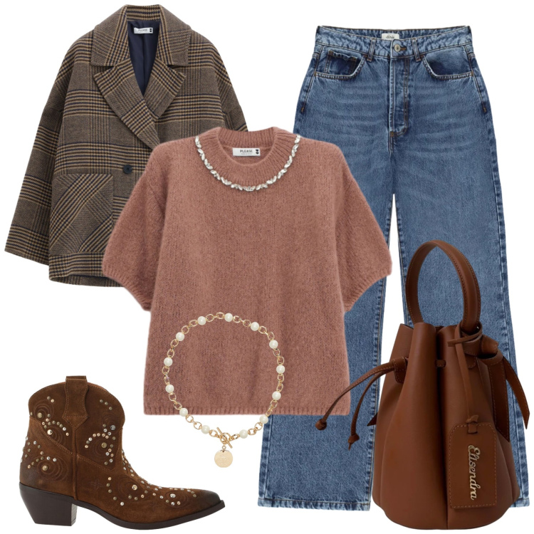 Outfit donna - Total look #2475019. Stile Urban per Ufficio. Abbinamento con maglieria, blazer, jeans, stivaletti texani, borse a secchiello, collane.