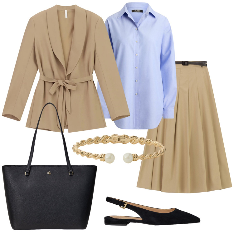 Outfit donna - Total look #2475022. Stile Glamour per Ufficio. Abbinamento con blazer, gonne lunghe, borse tote, ballerine, camicie, braccialetti.