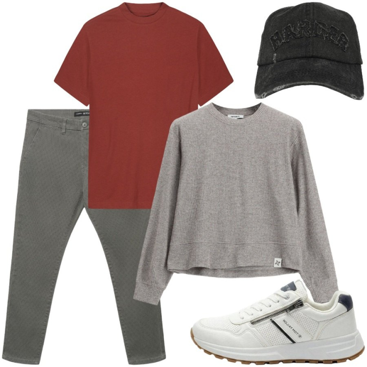 Outfit uomo - Sportivo. Stile Casual per Tutti i giorni. Abbinamento con felpe, t-shirt, pantaloni chino, cappelli con visiera, sneakers.