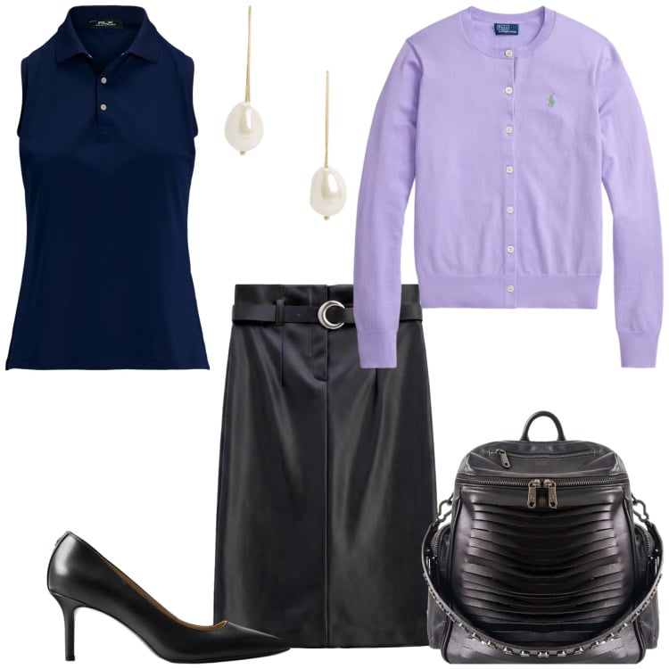 Outfit donna - Total look #2475024. Stile Glamour per Ufficio. Abbinamento con gonne longuette, zaini, polo, décolleté, orecchini, cardigans.