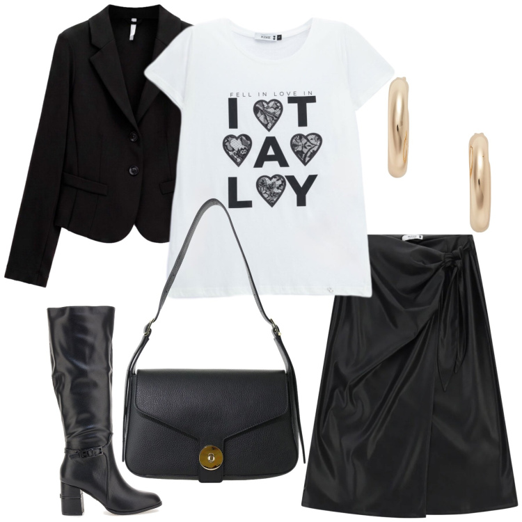 Outfit donna - Total look #2475026. Stile Urban per Ufficio. Abbinamento con blazer, borse a spalla, gonne longuette, t-shirt, orecchini, stivali.