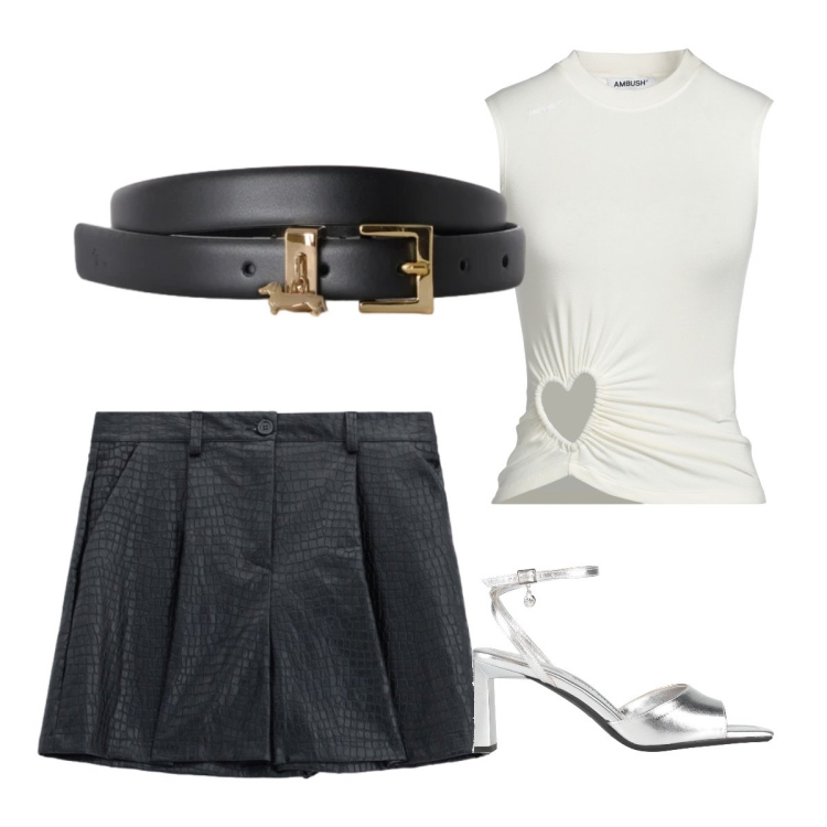 Outfit donna - Settembre. Stile Basic per Serata fuori. Abbinamento con sandali col tacco, top, cinture, shorts.