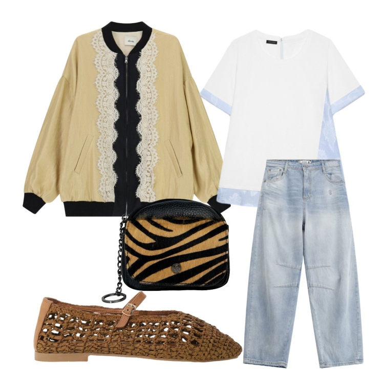 Outfit donna - Pizzo pizzo. Stile Trendy per Tutti i giorni. Abbinamento con bomber, ballerine, jeans, t-shirt, portachiavi.