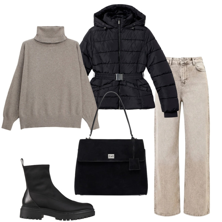 Outfit donna - Tortora e nero. Stile Basic per Tutti i giorni. Abbinamento con stivaletti, piumini, maglieria, jeans dritti, borse a mano.