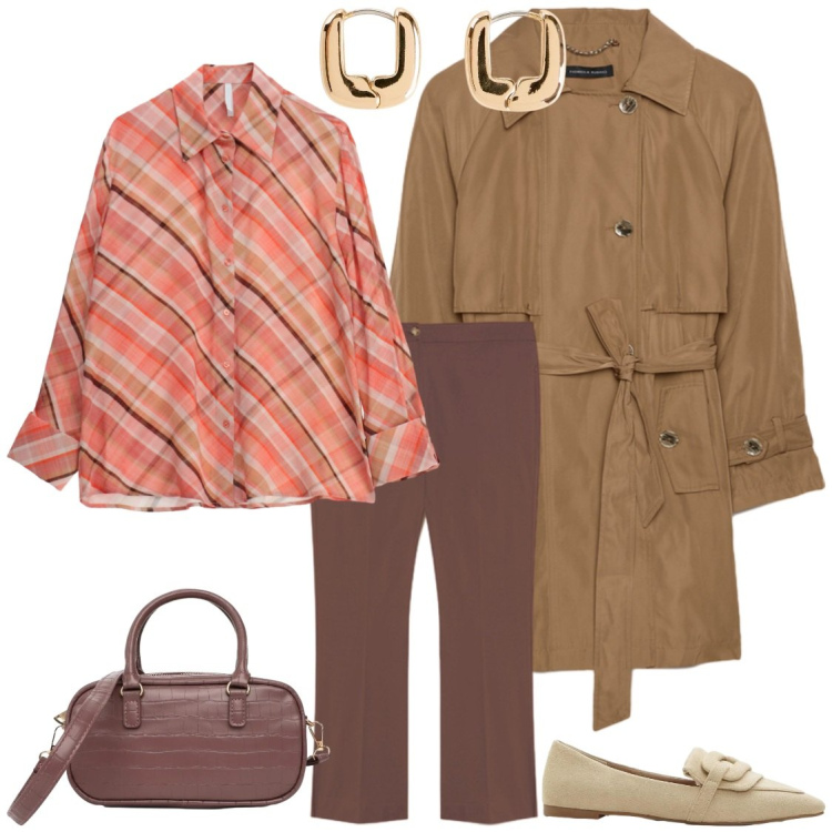 Outfit donna - Giornate uggiose. Stile Urban per Tutti i giorni. Abbinamento con mocassini, orecchini, borse a tracolla, camicie, trench, pantaloni.