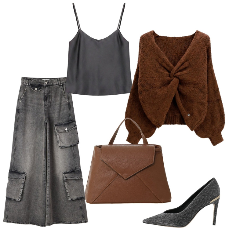 Outfit donna - Jeans over e pullover morbido. Stile Glamour per Serata fuori. Abbinamento con décolleté, jeans, top, borse a mano, maglieria.