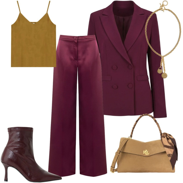Outfit donna - Completo pantalone. Stile Glamour per Ufficio. Abbinamento con stivaletti, top, pantaloni a palazzo, blazer, borse a mano, ciondoli.