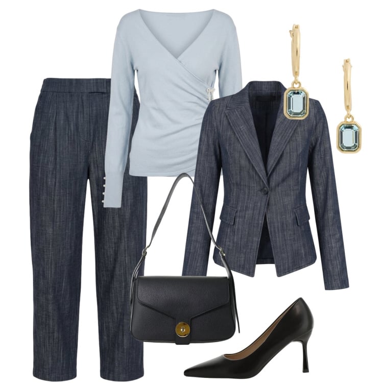 Outfit donna - Denim scuro in ufficio. Stile Glamour per Ufficio. Abbinamento con décolleté, borse a spalla, orecchini, t-shirt, jeans, blazer.