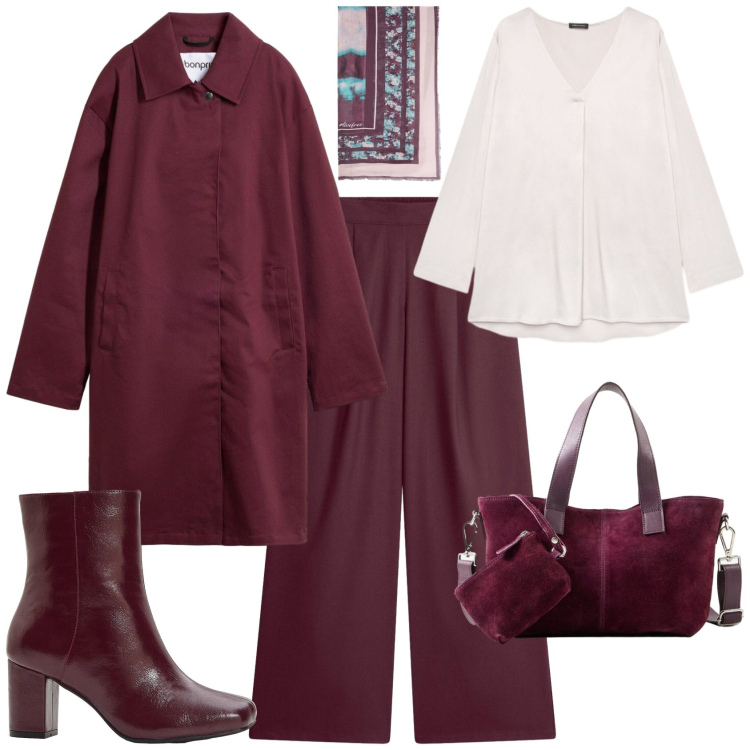 Outfit donna - Casual chic ufficio tempo libero. Stile Casual chic per Ufficio. Abbinamento con trench, pantaloni a palazzo, stivaletti, borse a mano, bluse, foulard.