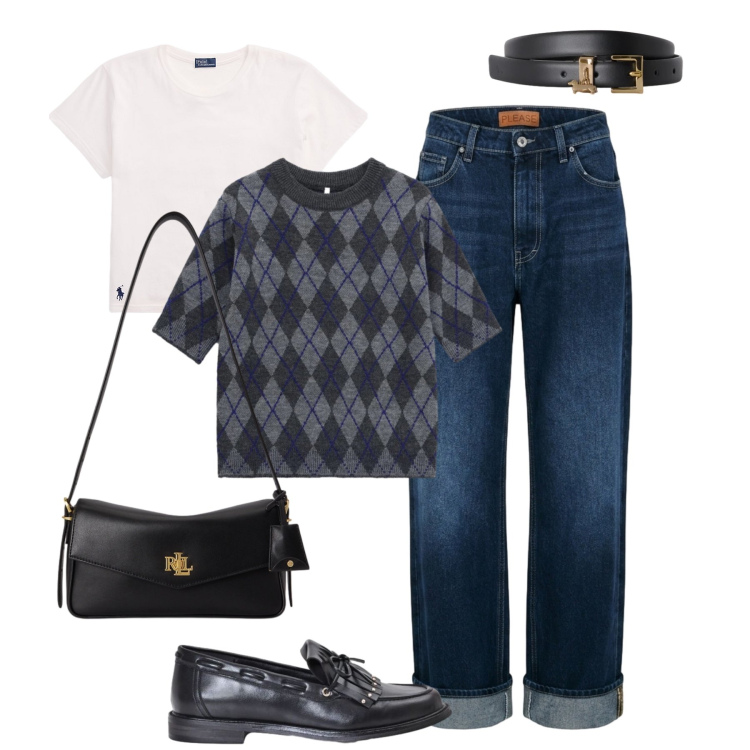 Outfit donna - Dark denim minimalista. Stile Minimal per Tutti i giorni. Abbinamento con cinture, maglieria, jeans dritti, mocassini, t-shirt, borse a spalla.