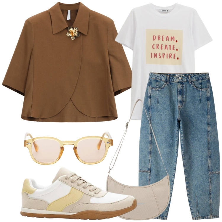 Outfit donna - Ispirazioni. Stile Casual chic per Tutti i giorni. Abbinamento con occhiali da sole, blazer, borse a spalla, t-shirt, jeans, sneakers.
