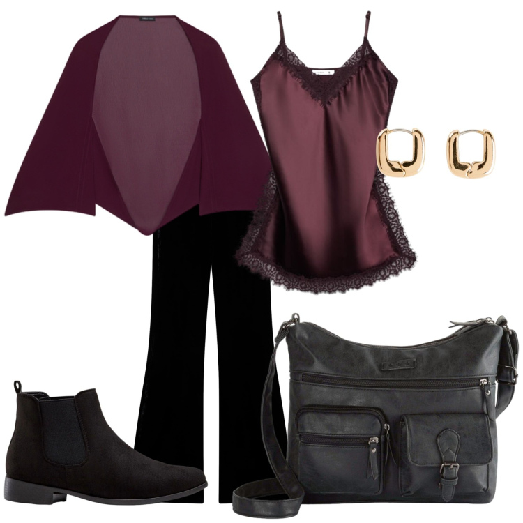 Outfit donna - Total look #2475062. Stile Chic per Serata fuori. Abbinamento con borse a tracolla, stivaletti chelsea, orecchini, top, leggings, bolero.