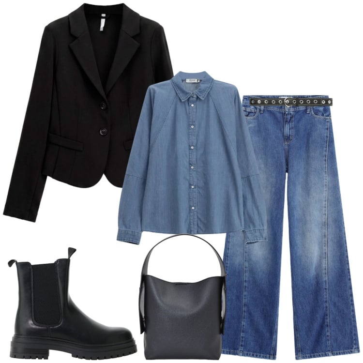Outfit donna - Urban. Stile Urban per Tutti i giorni. Abbinamento con cinture, blazer, stivaletti chelsea, borse a spalla, camicie, jeans.