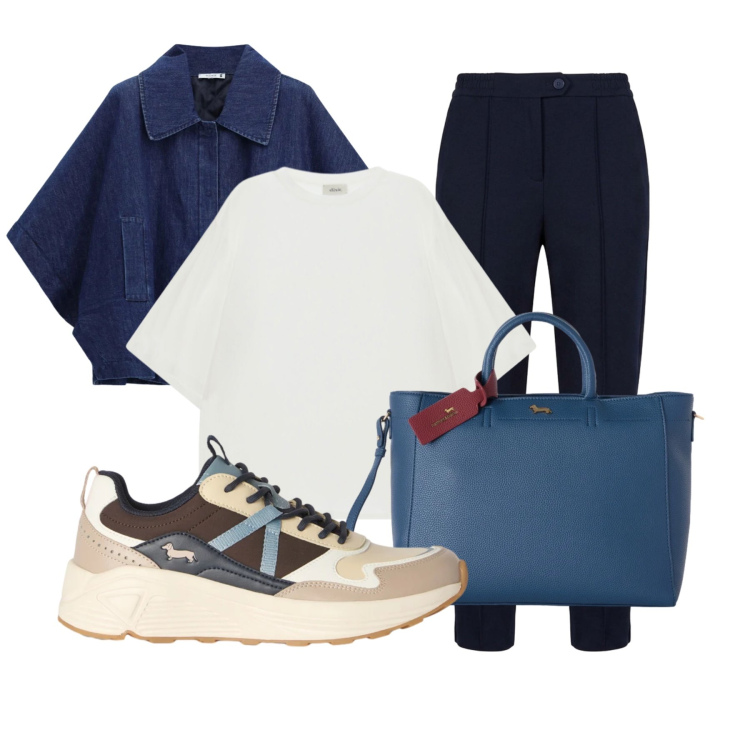 Outfit donna - Weekend Fuori Porta. Stile Casual chic per Tutti i giorni. Abbinamento con sneakers, borse a mano, pantaloni, blazer, t-shirt.