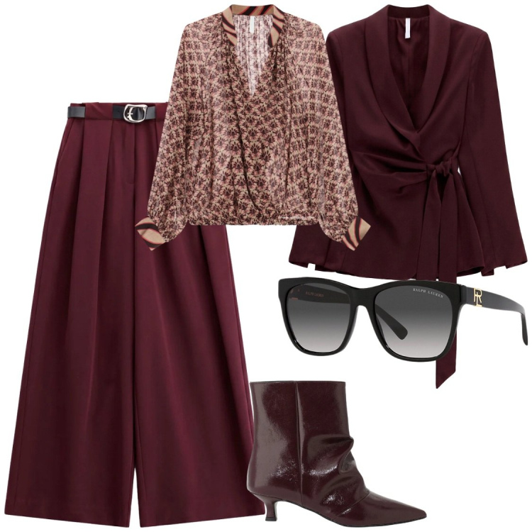 Outfit donna - ispirato a Victoria Beckham. Stile Glamour per Ufficio. Abbinamento con blazer, pantaloni a palazzo, bluse, stivaletti, occhiali da sole.