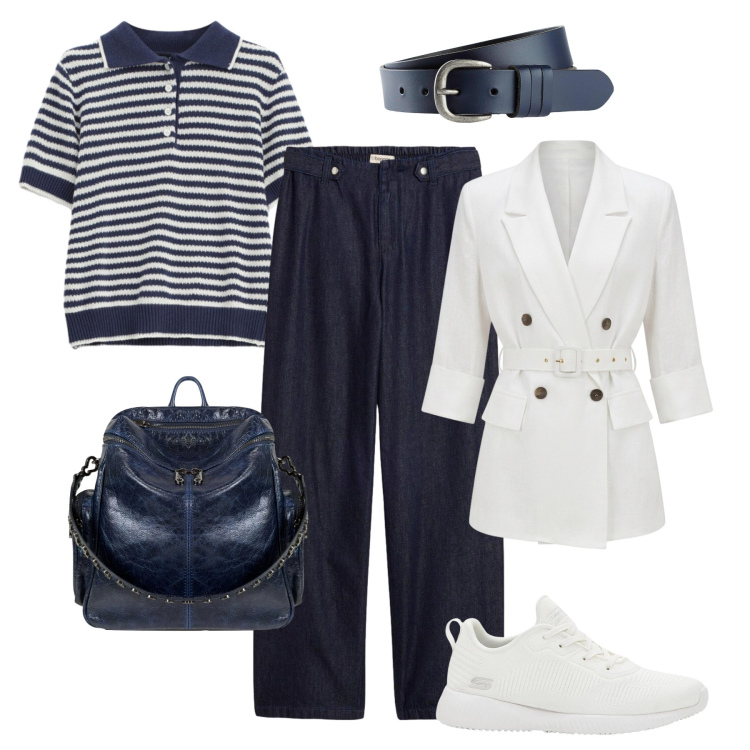 Outfit donna - Weekend comoda con stile. Stile Sporty chic per Tutti i giorni. Abbinamento con jeans dritti, cinture, sneakers, polo, blazer, zaini.