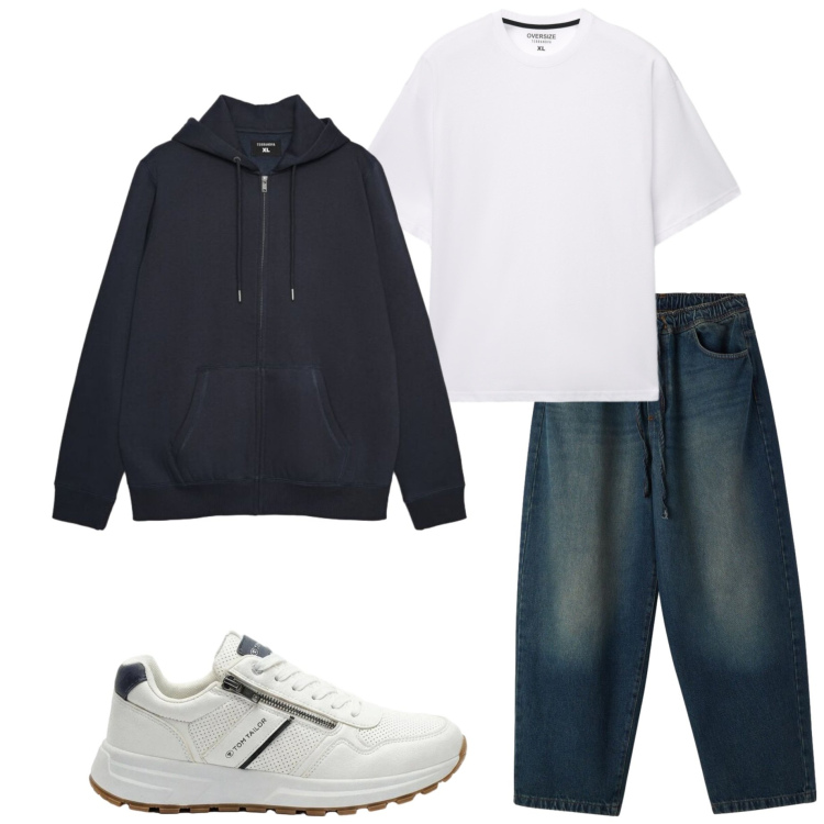 Outfit uomo - Settembre mite. Stile Casual per Tutti i giorni. Abbinamento con jeans, t-shirt, felpe con cappuccio, sneakers.