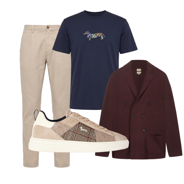 Outfit uomo - Toni neutri e terracotta. Stile Trendy per Tutti i giorni. Abbinamento con sneakers, t-shirt, pantaloni, cardigans.