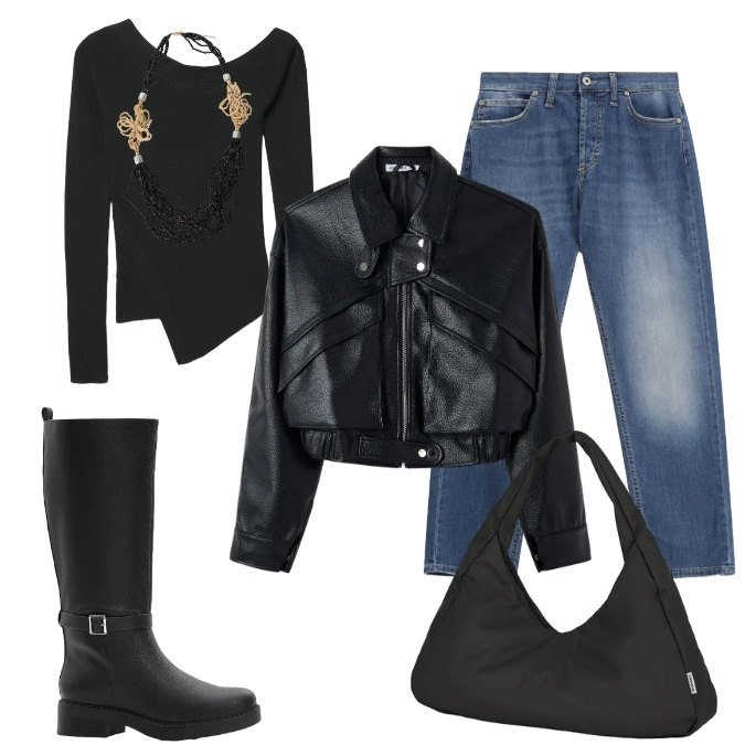 Outfit donna - Total look #2475081. Stile Rock per Serata fuori. Abbinamento con stivali, bomber, maglieria, jeans dritti, collane, borse a spalla.