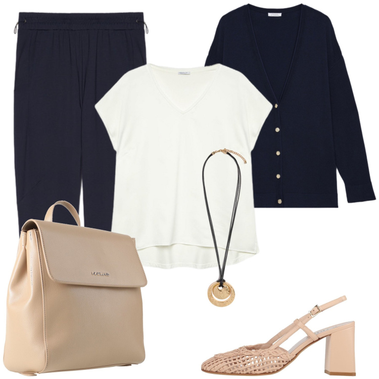 Outfit donna - Total look #2475086. Stile Casual chic per Tutti i giorni. Abbinamento con zaini, décolleté, t-shirt, cardigans, pantaloni, ciondoli.