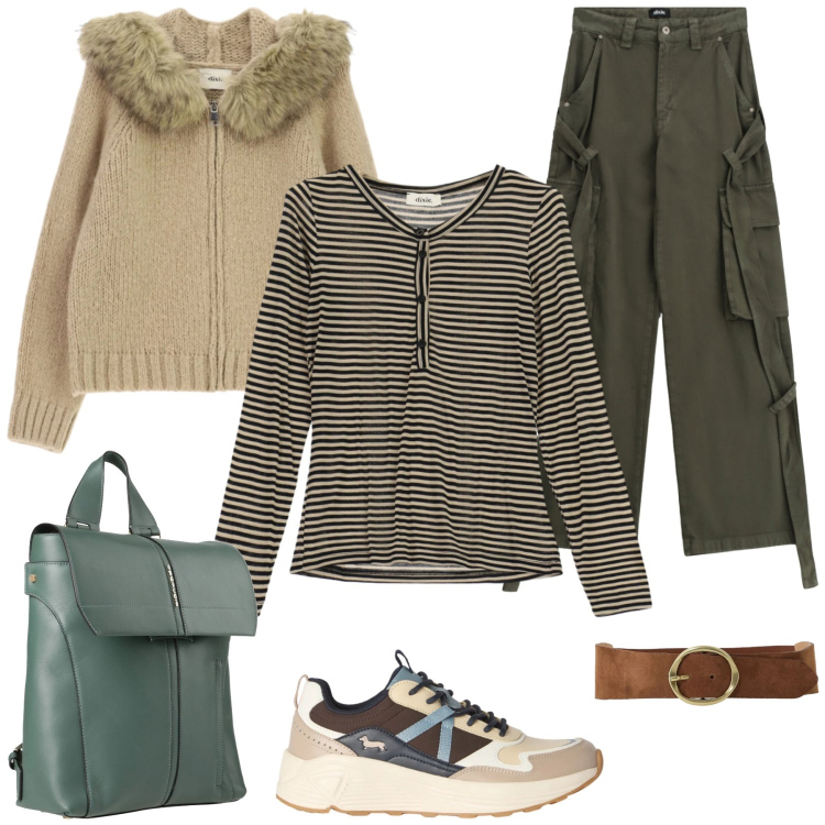 Outfit donna - Total look #2475087. Stile Casual chic per Tutti i giorni. Abbinamento con zaini, sneakers, cardigans, pantaloni cargo, cinture, t-shirt.