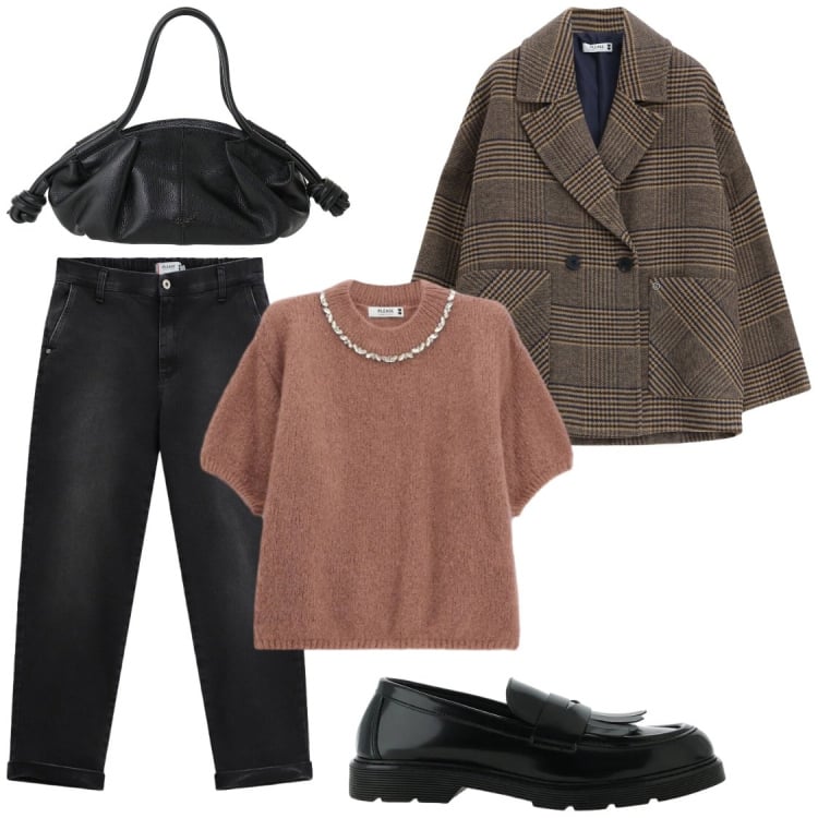 Outfit donna - Mi piace vestire Please. Stile Chic per Ufficio. Abbinamento con blazer, jeans, maglieria, mocassini, borse a mano.