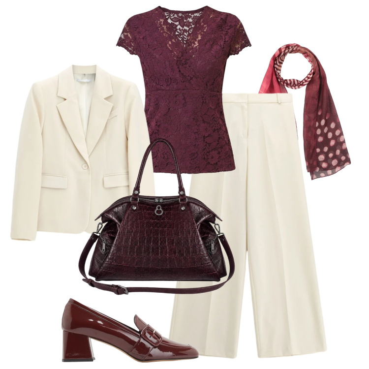 Outfit donna - Maglia in pizzo H24 - @valeryg82. Stile Trendy per Tutti i giorni. Abbinamento con mocassini, sciarpe, pantaloni a palazzo, blazer, top, shopping bag.