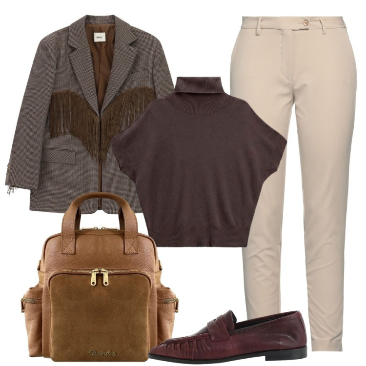 Outfit donna - Mocassini e frange. Stile Trendy per Ufficio. Abbinamento con pantaloni, t-shirt, blazer, mocassini, zaini.