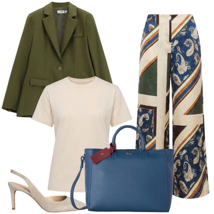 Outfit donna - Total look #2475095. Stile Casual chic per Tutti i giorni. Abbinamento con décolleté, borse a mano, t-shirt, pantaloni a palazzo, blazer.