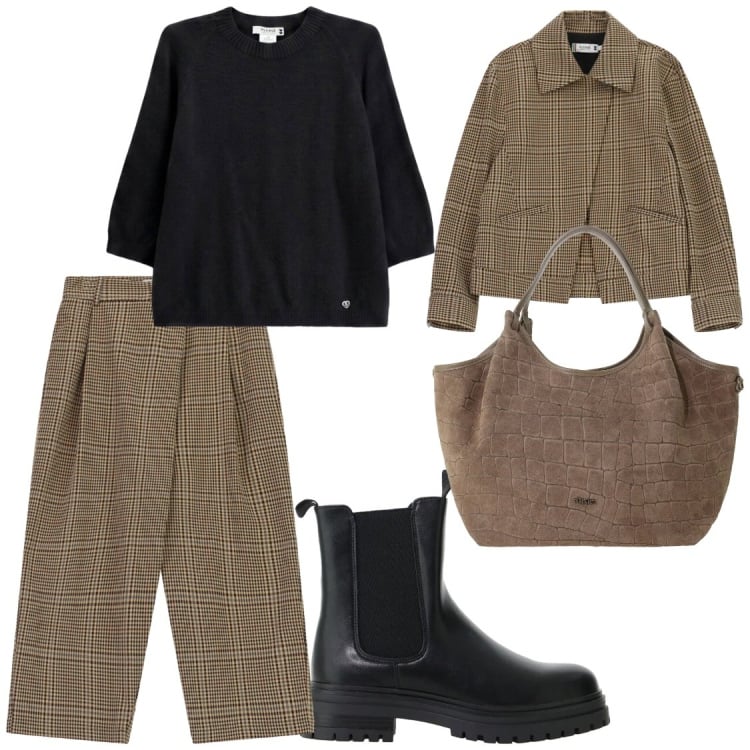 Outfit donna - Primi freddi. Stile Chic per Ufficio. Abbinamento con stivaletti chelsea, pantaloni, cappotti, maglieria, borse a spalla.